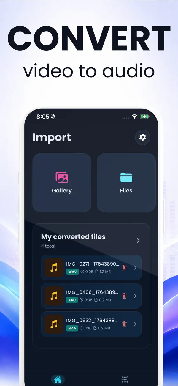 Import from the camera roll or from Files. Converted audio stays in the list below.
