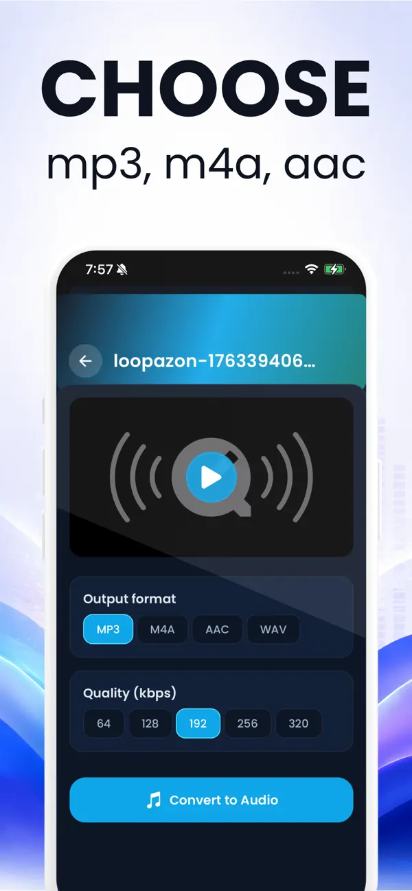 The Video to Audio app on iPhone, showing a video ready to convert with MP3, M4A, AAC and WAV buttons and a bitrate row from 64 to 320 kbps
